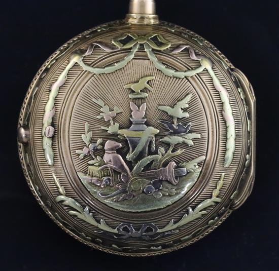 A French 18ct two-colour gold open-face pocket watch, Bugnons & Tequiez .À Fleurier, decorated with an urn and hound in a landscape